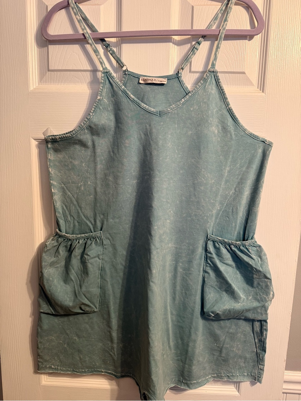 Zenana acid washed blue shorts Romper with Front Pockets